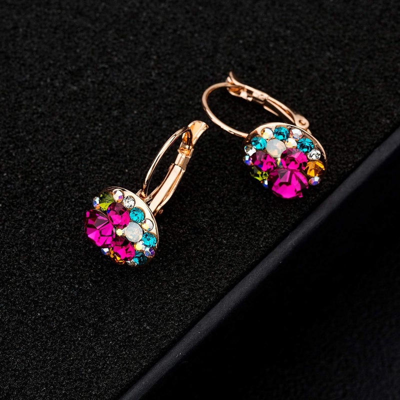 EVEVIC Multicolored Austrian Crystal Drop Earrings for Women 14K Gold Plated Leverback Dangle Hoop Earrings (Rose Main Crystal/Rose Gold-tone) - Image 3